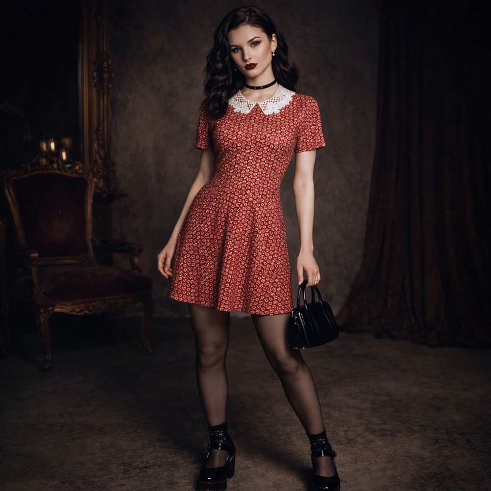 Midnight Hour Vintage-Inspired Red Mini Dress with White Lace Collar